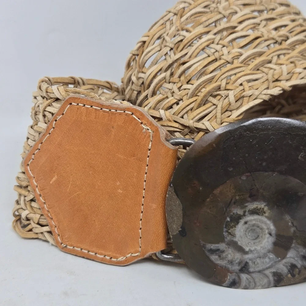 Streets Ahead Woven Straw Belt Ammonite Fossil Buckle Leather Tan Boho Large USA